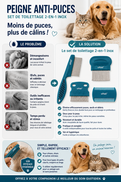 Peigne Anti-Puces pour Chien et Chat – Set de Toilettage 2-en-1 Inox